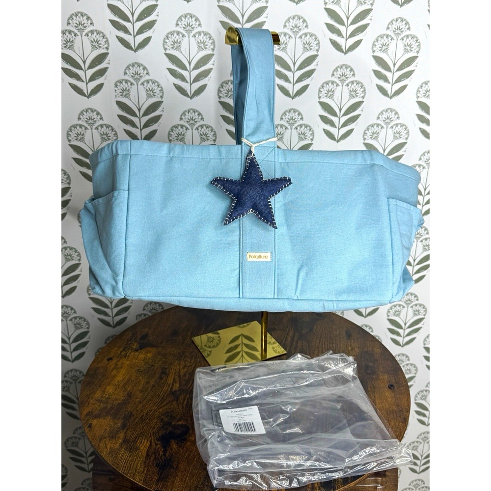 Folkulture Blue Canvas Cotton Tote Diaper Caddy Star Sky Blue Foldable New 15"